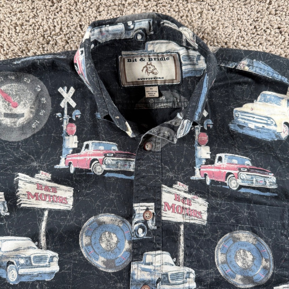Bit & Bridle Mens Vintage Truck Button Down Shirt‎ Black Cotton Medium festival